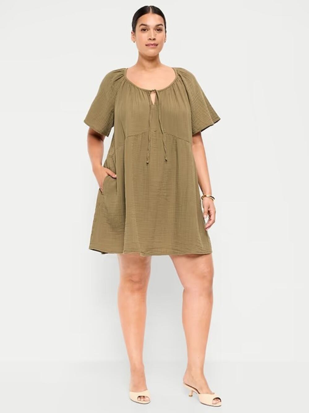 Old Navy Crinkle Gauze Flutter-Sleeve Mini Swing Dress in Kombu Green - Size XXL - Picture 1 of 8